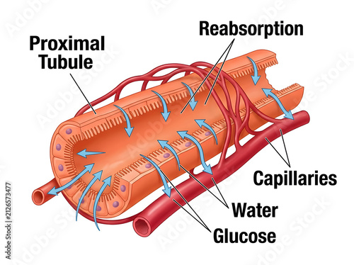 Proximal tubule reabsorption process in kidney nephron isolated on white background