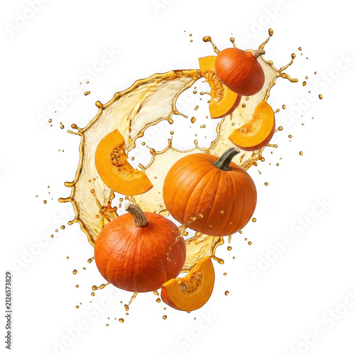Fresh pumpkins and slices splashing in water isolated on transparent background