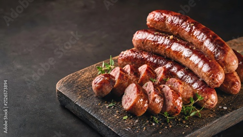 Grilled sausages on rustic wooden board with sliced pieces for butcher shop advertising barbecue branding and savory meat promotion.

