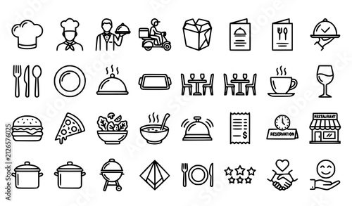 Restaurant and Food Service Line Icon Collection with Dining Kitchen Catering Hospitality Symbols Vector Set