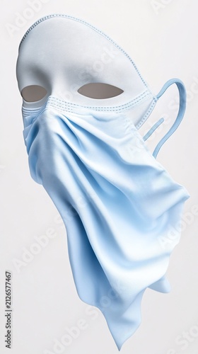 Light blue face covering with flowing drape.  A soft, light-blue fabric mask drapes over a white theatrical mask.  The design features a loose, flowing drape
