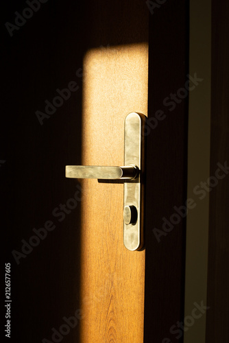 Foto Modern wooden door with metal handle illuminated by warm sunlight and copy space