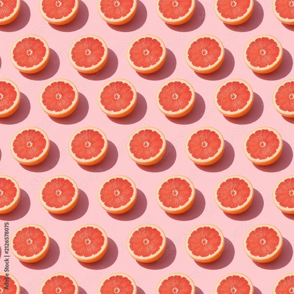 Fototapeta premium Seamless pattern with juicy grapefruit halves on pink background. Vibrant citrus fruit slices repeat in geometric grid layout. Summer fresh food wallpaper design for wellness blog skincare product