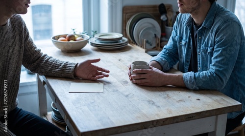 Roommates clarify personal space during a kitchen conversation