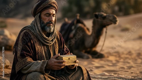 Biblical wise man holding small wooden gift box in sandy desert with resting camel at warm sunset celebrating christian epiphany and christmas during holy sacred religious journey