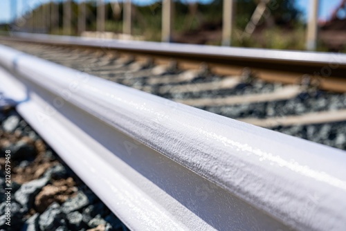 close low-angle photograph of one railway rail coated with reflective white paint under intense sunlight