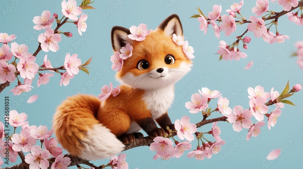 Fototapeta premium Cute fox cub sits on cherry blossom branch. Pink flowers adorn fluffy animal. Gentle spring scene for kids, nature themes, sweet animal art.