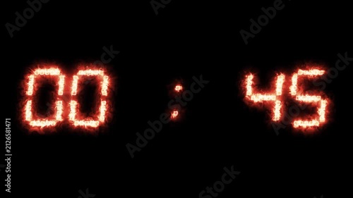 Fire countdown timer, burning electronic clock numbers, flaming stopwatch digits, glowing hot neon numerals, time expiration sequence.