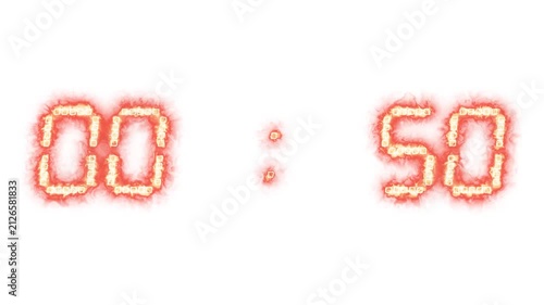 Burning countdown timer reaching zero. Fire numbers clock, flaming digits timer. Burning fiery time deadline urgency.