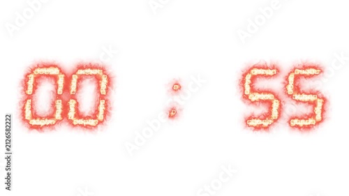 Sixty second countdown timer. One minute clock counting down to zero, time ticking, glowing red fiery numbers, plasma digits, stopwatch, urgency deadline.