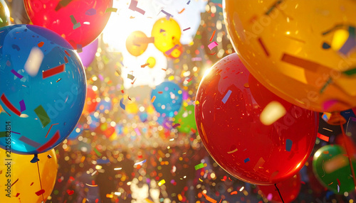 Vibrant Celebration of Joy: A cluster of colorful balloons and falling confetti illuminates a scene of pure, unadulterated happiness, with the sun casting a warm, ethereal glow.