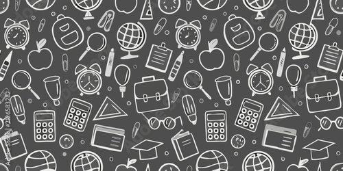 Картината върху платно School supplies and academic objects doodle pattern on a gray background alarm c