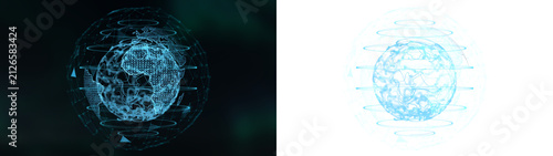 Digital network global cybersecurity protection hologram with map data protection with glowing network nodes and blue light