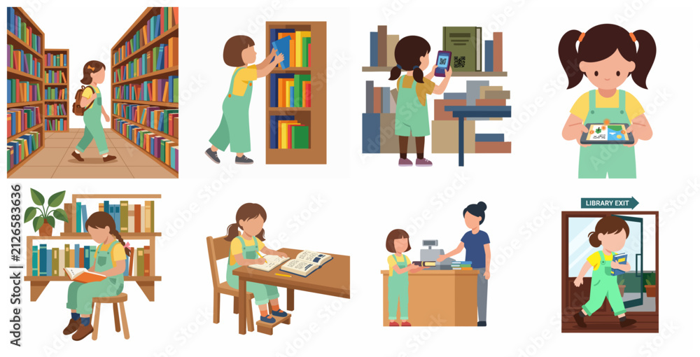 Fototapeta premium Vector illustration set of a young girl visiting a library, reading books, using digital devices, and studying.
