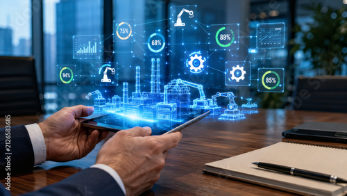Engineer hands holding tablet with 3D glowing IoT smart factory hologram overlay