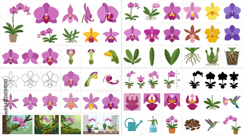 Konstfotografi Comprehensive orchid species and care icon collection.
