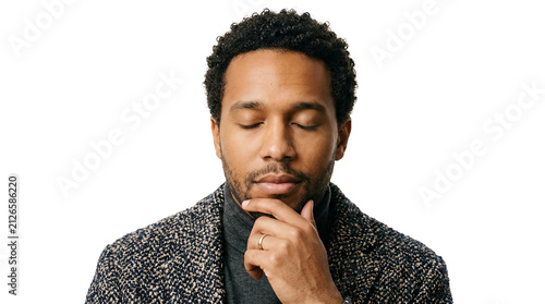 Man sits quietly with eyes closed and hand on chin, lost in thought. Simple white background creates focus on subject. Concept of mindfulness, personal growth, mental health