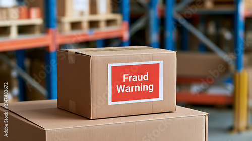 Cardboard Box with 'Fraud Warning' Label in a Warehouse Setting, Emphasizing Security, Risk, and Caution in Logistics and Shipping