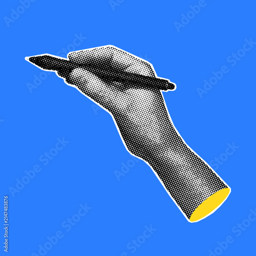 Halftone hand holding stylus pen in drawing position on blue background. Vector illustration for digital art, graphic design, and creative technology concepts.