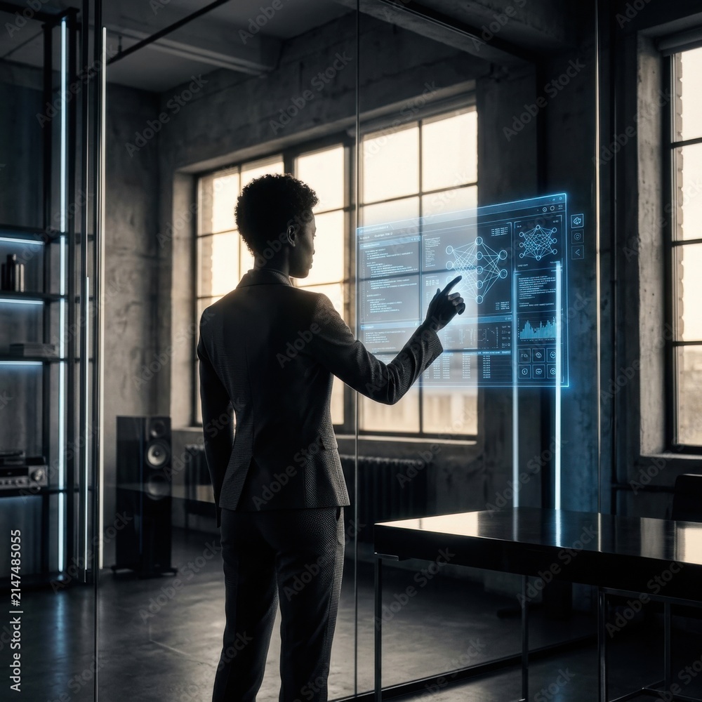 Fototapeta premium Professional Interacting With Futuristic Holographic Display in Modern Office