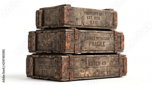 Stack of weathered vintage wooden crates with rusty metal corner brackets on white background with vertically visible stenciled metal reinforcements