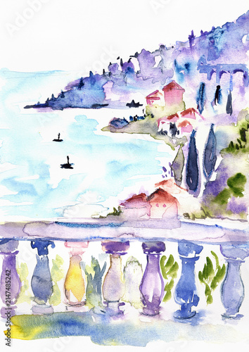 Ventimiglia coastal view from a balcony, hand-painted watercolor