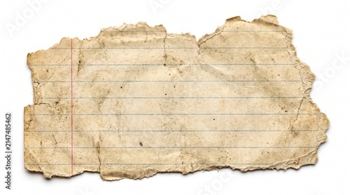 Vintage torn lined notebook paper strips with rough edges with displays three pieces old isolated white background red margins isolated paper blue lines