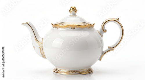 Elegant white porcelain teapot with gold trim details with traditional background decorative container isolation tableware gleaming lighting