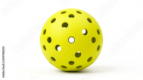 Three yellow plastic sports balls with holes isolated on white background with pickelball recreation equipment isolation synthetic circular with material