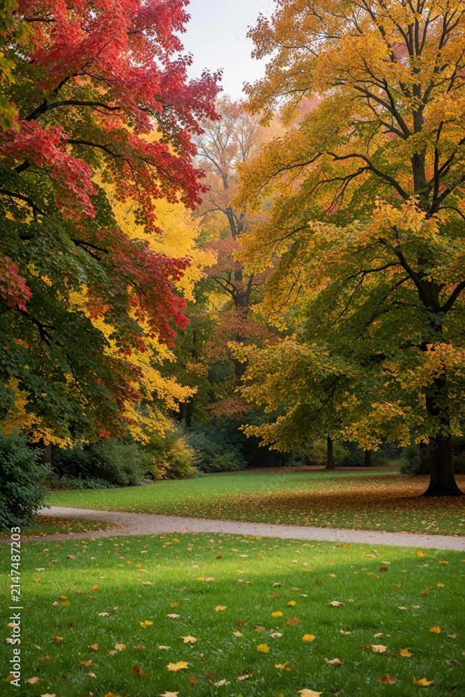 Obraz premium Colorful autumn trees with red, yellow leaves stand in peaceful park. Green grass covers ground under bright sunlight. Scenic nature landscape shows seasonal change in beautiful garden during fall