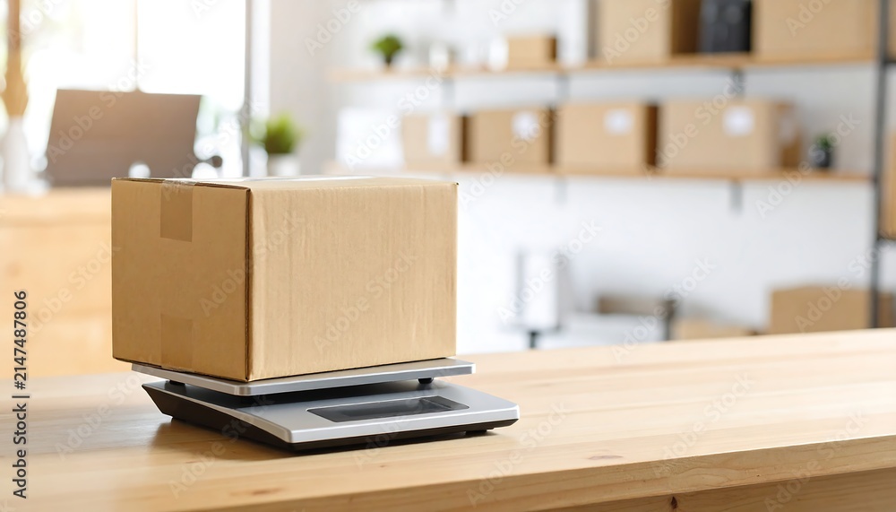 Naklejka premium Cardboard Package Being Weighed on Digital Scale