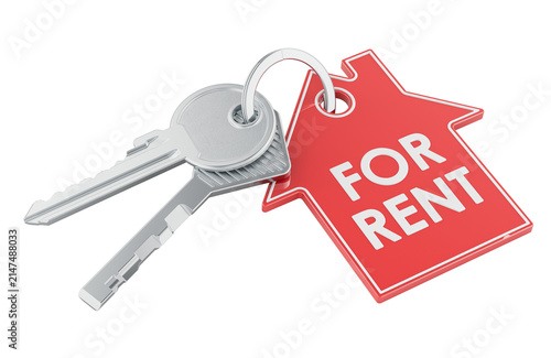 Bild auf Leinwand For Rent concept. House keys with red property tag. 3D rendering