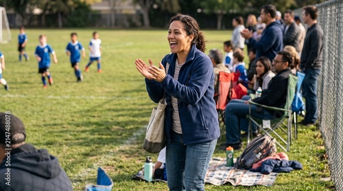 Excited mother cheers for her son during a youth soccer game on a sunny day