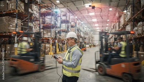 Warehouse WiFi survey capturing a technician mapping network interference amid active forklifts highlighting wireless signal evaluation in a busy environment.