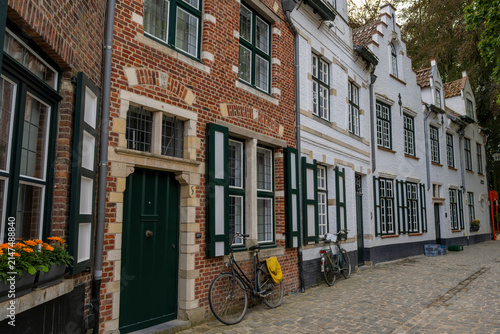 Картината върху платно Row of elegant brick and whitewashed historic homes along a peaceful cobblestone
