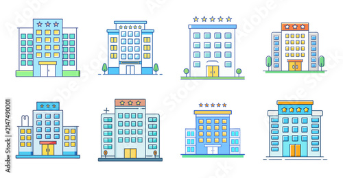 Colorful modern building icons set - Bright vector icons of diverse buildings and city structures in a clean, organized layout for design use.