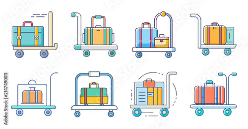 Colorful luggage carts with suitcases in row - Set of six cheerful luggage carts carrying various suitcases, ideal for travel and transport illustrations.