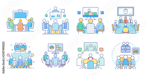 Flat design icons of people working remotely - Colorful flat icons showing remote workers using laptops, phones, and video calls in a modern workspace style.