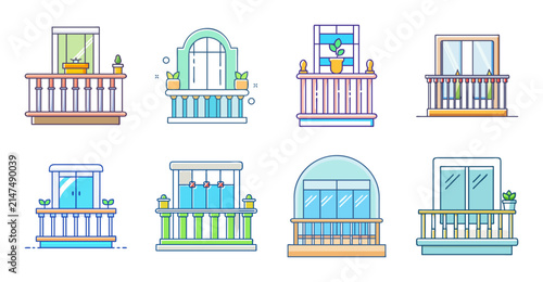 Colorful modern building icons set - Bright and cheerful vector icons of stylized buildings with balconies and doors in a flat design style.