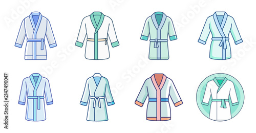 Colorful lab coats for medical or scientific use - Illustrated collection of different lab coat styles with buttons, pockets, and varied colors for medical or scientific professionals.