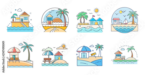 Colorful tropical vacation resort icons set - Bright, cheerful vector icons showing tropical vacation activities like swimming, sunbathing, and dining by the beach.