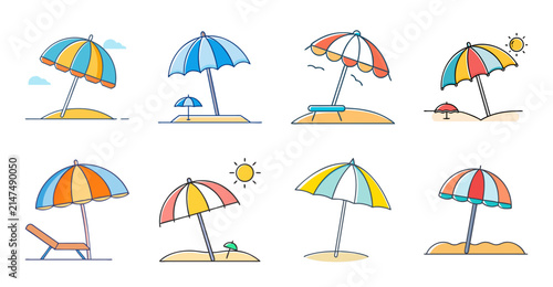 Colorful beach umbrellas and sunbeds illustration - Bright and cheerful beach scene with colorful umbrellas, sunbeds, and summer accessories in a vibrant vector style.