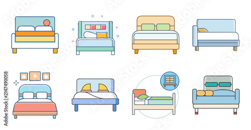 Flat style bedroom furniture set illustration - Colorful flat design icons of a bed, wardrobe, dresser, nightstand, and desk in a minimalist style for interior design projects.