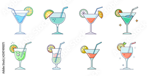 Colorful cocktail glasses with drinks and garnishes - Bright vector icons of eight cocktail glasses with various drinks and garnishes like lemon, cherry, and mint.