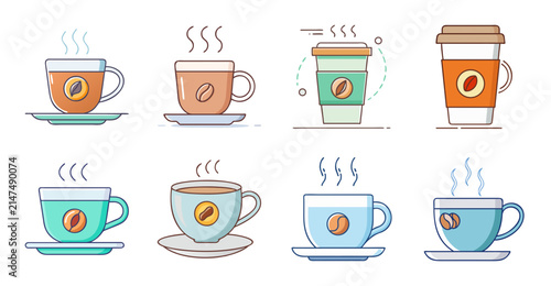 Colorful coffee cups with emoji faces and drinks - Set of cheerful coffee cups with emoji faces, drinks, and steam icons in a light background.