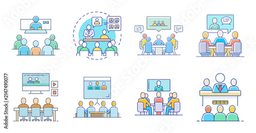 Flat icons of people using modern technology - Colorful set of flat icons showing people engaged with computers, phones, and digital devices in a modern workspace setting.