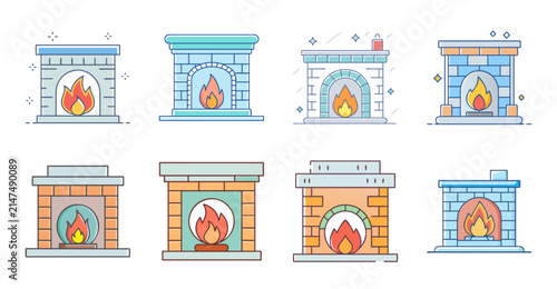 Flat design fire safety icons set - Colorful flat icons illustrating fire safety equipment and precautions in a clean, modern style.