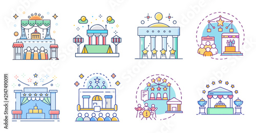 Colorful cartoon buildings in a row - Bright, cheerful vector illustration of various whimsical buildings lined up together, ideal for educational or decorative use.