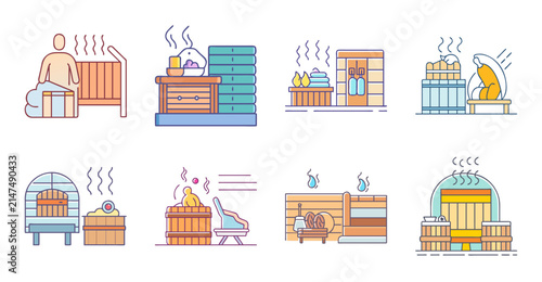 Flat design house icons with different colors - Bright flat icons of colorful houses with labels and small objects in a clean, modern style for web or app design.