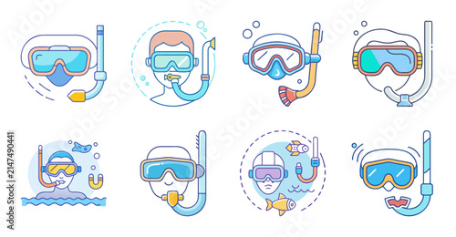 Colorful swimming and water sports icons set - Bright vector icons showing various swimming and water sports activities like diving, surfing, and snorkeling in a fun style.